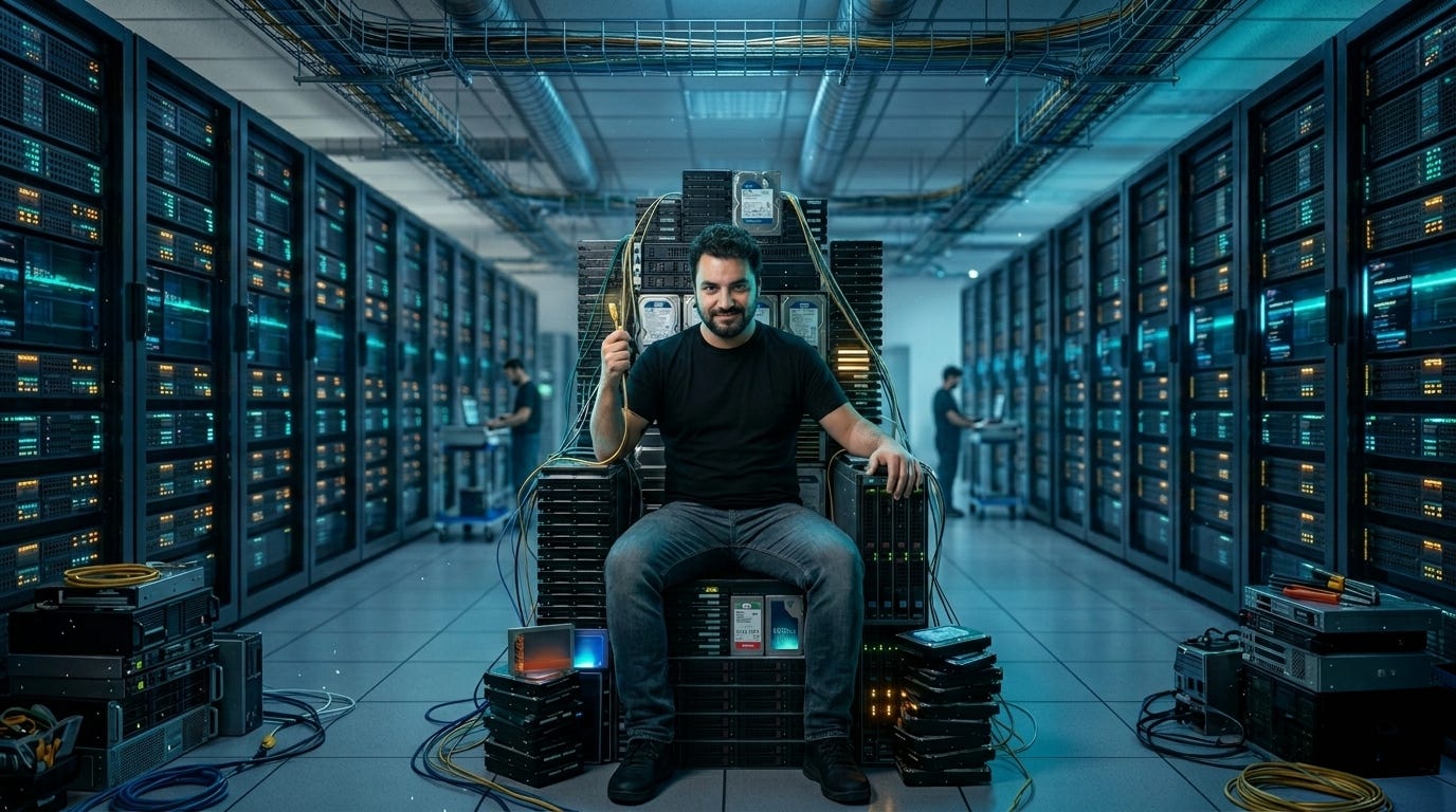 Daniel Andrade inside a data center, sitting on a throne of computer hardware.